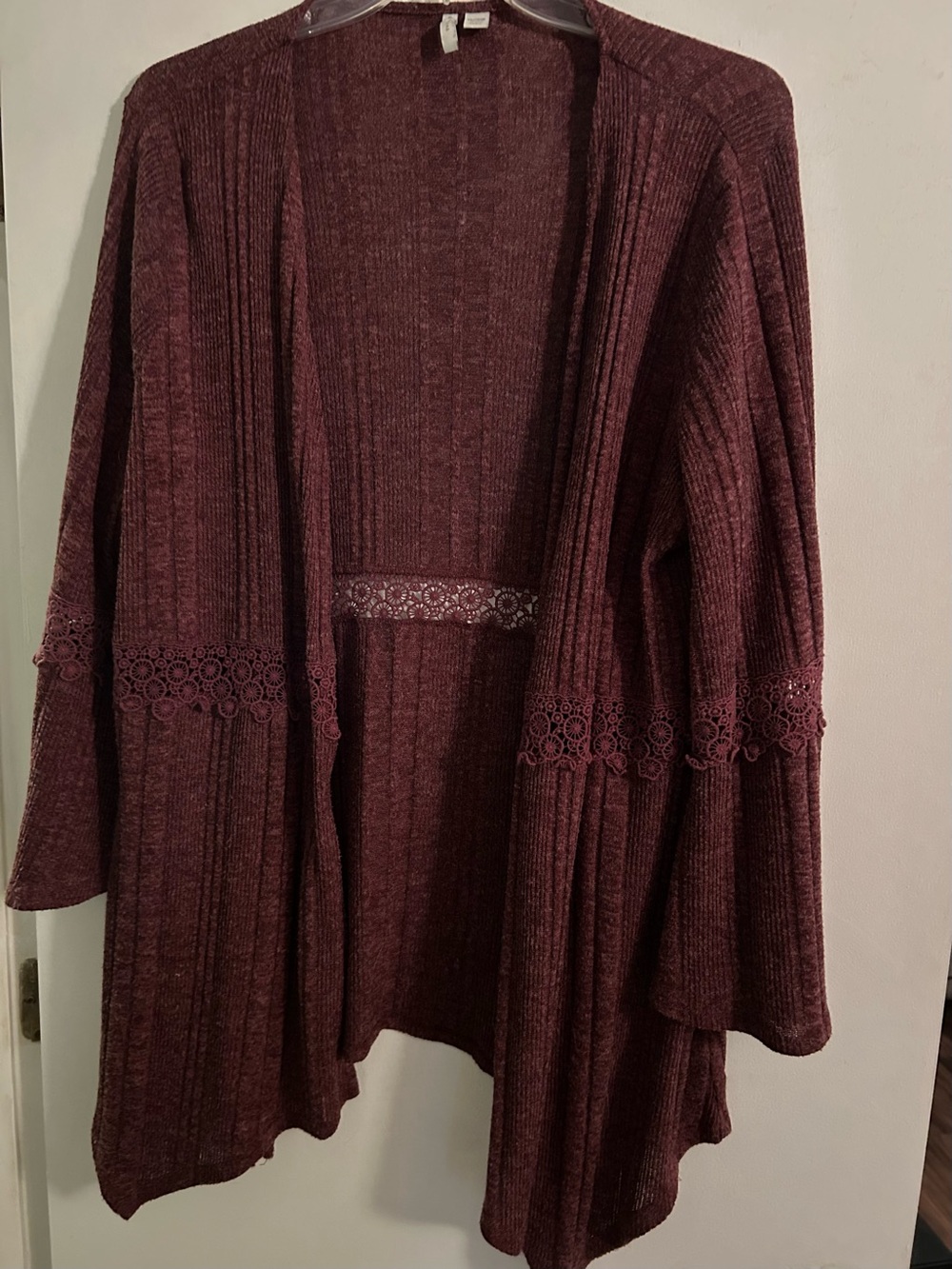 Cato Burgundy Open-Front Lace-Trim Cardigan